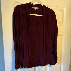 LOFT Wine Tie-Neck Swiss Dot Blouse